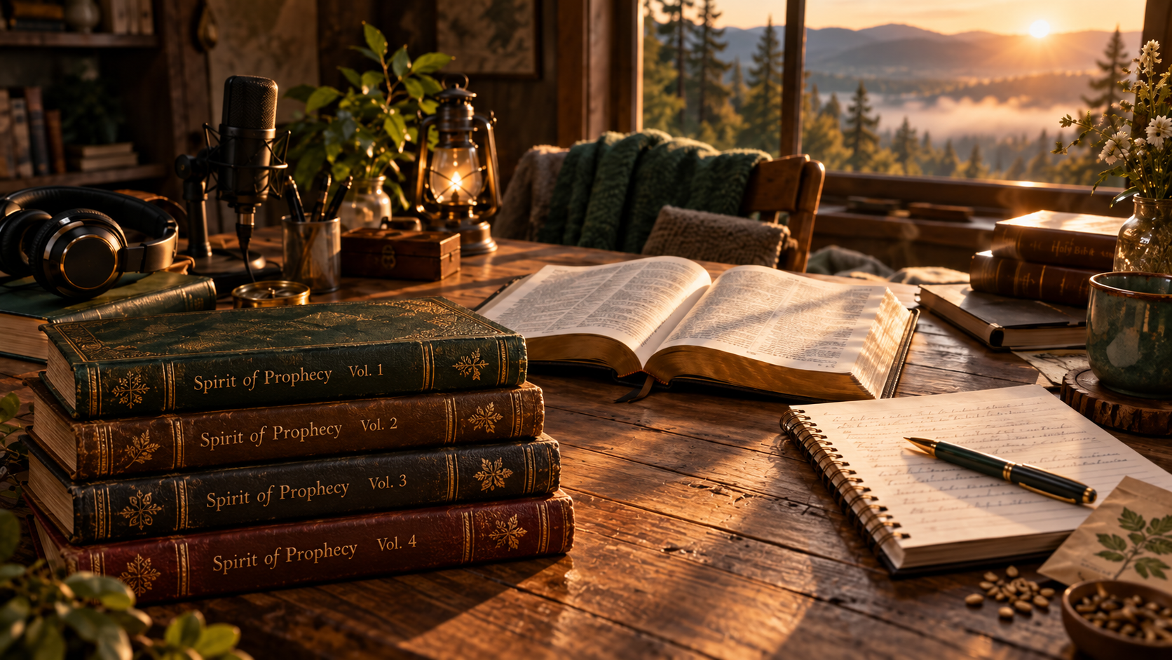 An open Bible and four Spirit of Prophecy volumes on a wooden study table, with a microphone, lantern, notebook, and mountain sunrise beyond the window.