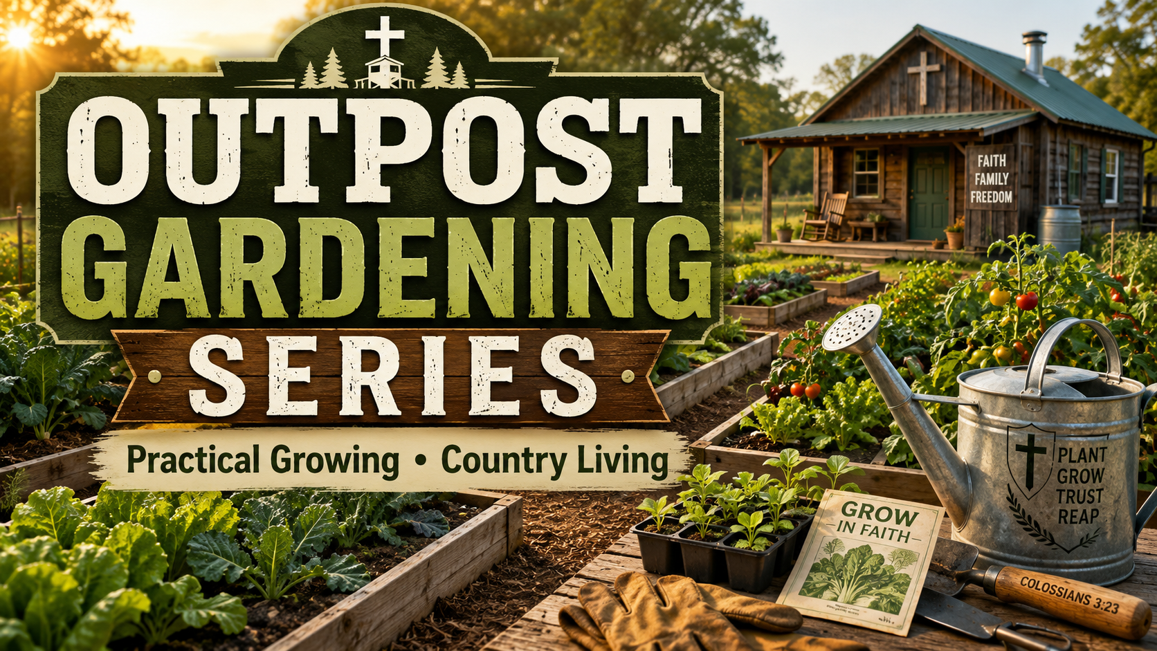 Outpost Gardening Series artwork showing a flourishing rural vegetable garden at sunrise