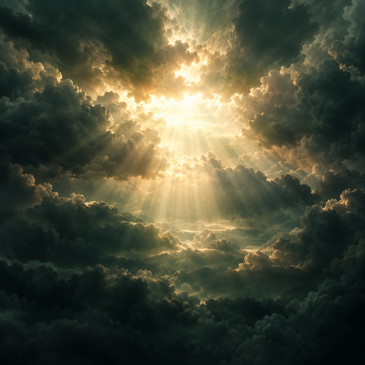 Soft golden light emerging through deep, dark clouds